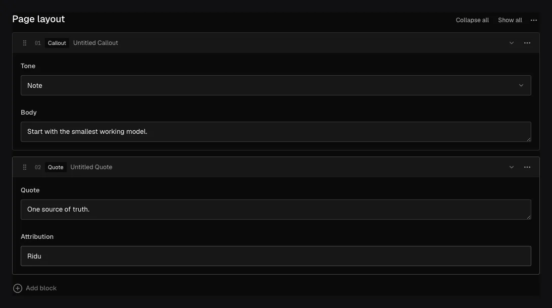 An expanded Page layout Blocks field in the Ridu admin with populated Callout and Quote blocks.