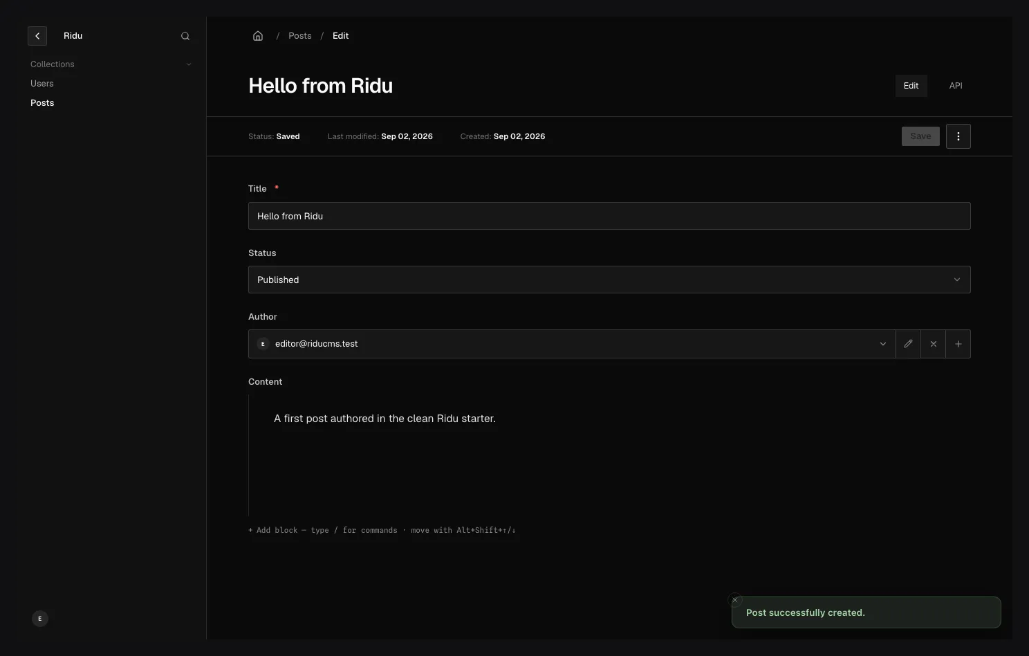 A published post open in the embedded Ridu admin, with title, status, author, rich-text content, and document actions.