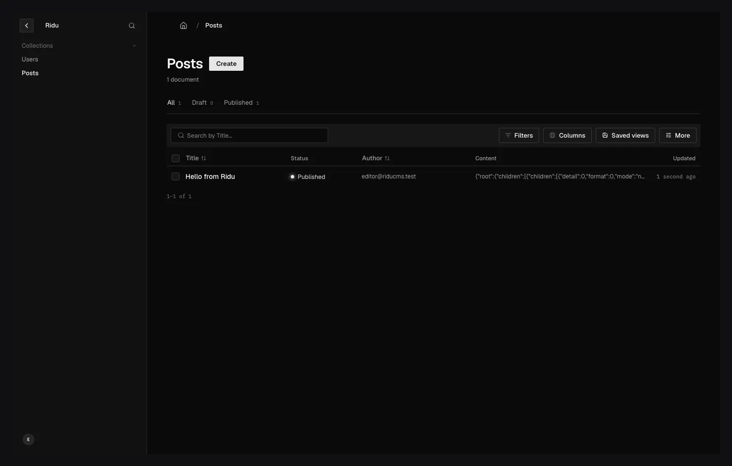 A Posts list in the Ridu admin showing one published post with search, filter, column, saved-view, sort, and selection controls.
